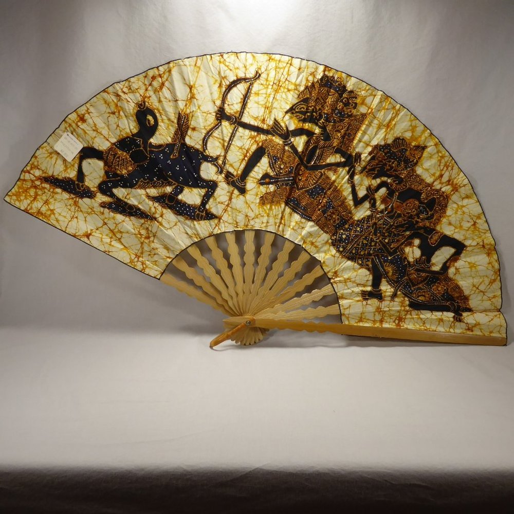 Batik Keris 18.5" Blue Gold Dyed Fabric Fan Rama Shinta Ramayana Bali Indonesia